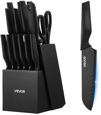 VEVOR Set di Coltelli da 15 Pezzi con Ceppo Portacoltelli e Acciaino, in Acciaio Inossidabile ad Alto Tenore di Carbonio, Coltello da Cucina con Impugnatura Ergonomica in PP, per Cuochi Amatoriali