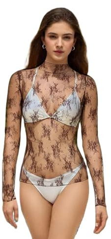 Lxootd Women's Y2K Mesh Tops Mock Neck Sheer Blouse Long Sleeve See-Through Floral Lace T Shirt