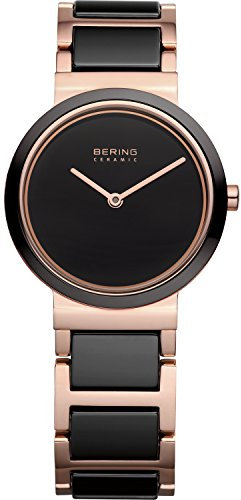 BERING Damen Quarz Uhr | Armbanduhr 29 mm roségoldenes Edelstahlgehäuse und schwarzes Zifferblatt | Edelstahlband mit Keramikelementen | 5 ATM | 10729-746
