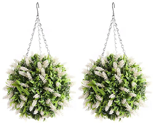Best Artificial Pair of 28cm White Ivory Lavender Flower Balls Lush Long Leaf Topiary Grass **UV Fade Protected**