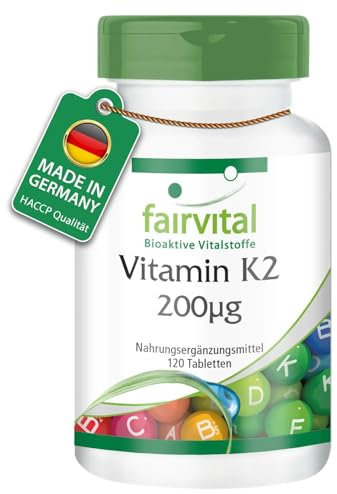 Fairvital | Vitamina K2 200mcg - 4 mesi - VEGAN - alto dosaggio - 120 compresse - menachinone da natto - MK-7