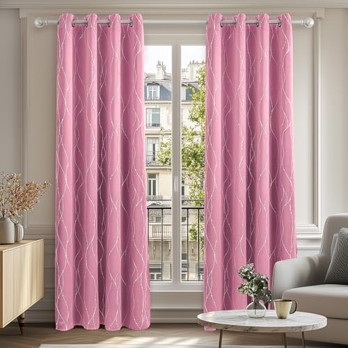 Deconovo Pink Curtains, Super Soft Dotted Line Foil Printed Thermal Insulated Window Treatment, Kids Curtains, Eyelet Blackout Curtains for Bedroom, 46 x 54 Inch(Width x Length), Pink, 2 Panels