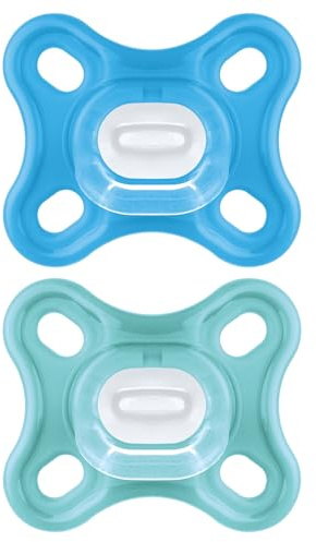 MAM Chupete Todo Silicona, 0-3 Meses, con Tetina Simétrica, Extra Pequeña y Cuello Delgado de Silicona Skin Soft Silicone de Fácil Aceptación, con Caja Autoesterilizadora, MAM Comfort, Azul, 2uds