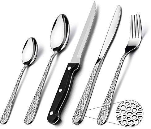 30 Piece Cutlery Sets with Steak Knives, Homikit Stainless Steel Hammered Cutlery Flatware Set Service for 6, Elegant Dinnerware Set Include Forks Knives Spoons, Mirror Finished & Dishwasher Safe