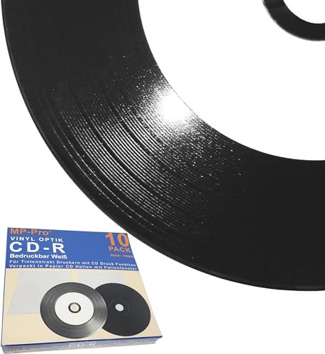 Schwarze Vinyl CD Rohlinge Bedruckbar Weiß CD-R 80min/700MB mit Vinyl-Optik Schallplatten Retro-Look und Inkjet Printable Bereich - 10 Stück in CD Papierhüllen