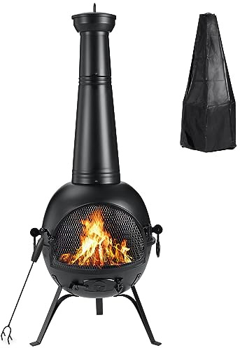 SINGLYFIRE Prairie Fire Outdoor Chiminea Fireplace Deck or Patio Backyard Wooden Fire Pit with Chiminea Cover Rust-Free Iron Black