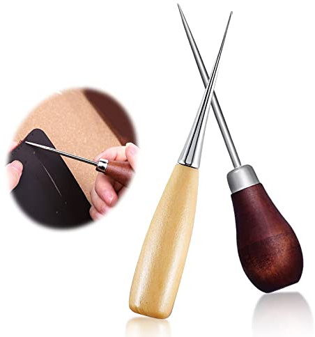 2 Stück Vorstecher Mit Holzgriff,Nähahle mit Holzgriff Locher Lederverarbeitung Nähe Ahle Leder Nähset Rund Klinge Ahle Prickelnadeln zum Nähen von Leder für Leder Nähen Stanzen DIY Handwerkzeug