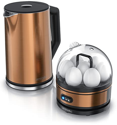 Arendo - Set Wasserkocher ELEGANT mit Eierkocher SEVENCOOK Edelstahl Kupfer, Wasserkocher 1,5L 40° - 100°C Warmhaltefunktion, Eierkocher 1-7 Eier, Messbecher