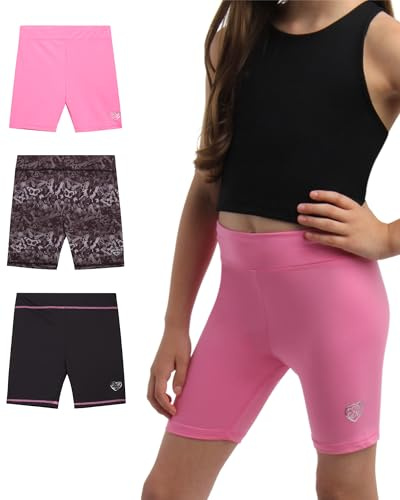 Body Glove Girls Athletic Shorts - 3 Pack Soft Stretch Breathable Girls Bike Shorts - Stretch Cheer Dance Yoga Short, Size 7, Black Butterfly/Pink/Black