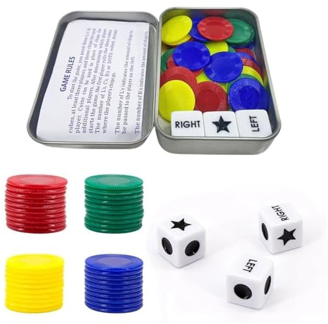 Left Right Center Game, Funny Set 3Pcs Dice and 40Pcs Colorful Chips Left Right Centre Dot Board Sets for Party Family Friends Gatherings