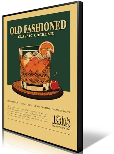 Anslipswar Old Fashioned Cocktail Print Poster, Framed Retro Classic Cocktail Bar Cart Canvas Wall Art, Vintage Alcohol Whiskey Pictures for Wall Decor, Kitchen Home Bar Cart Club Decor 12x16in