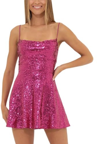 Yoisdtxc Women's Glitter Sequin Mini Dress Sparkly Backless Spaghetti Strap A Line Dress for Cocktail Beach Streetwear (Rose Red, L)