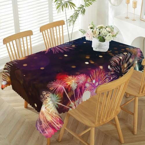 TTQYFNM 60x84inches Happy New Year Tablecloth New Year Eve Sparklers Fireworks Fabric Table Cloth Washable and Wrinkle Resistant Table Cover for Kitchen Dining Christmas New Year Festival Celebration