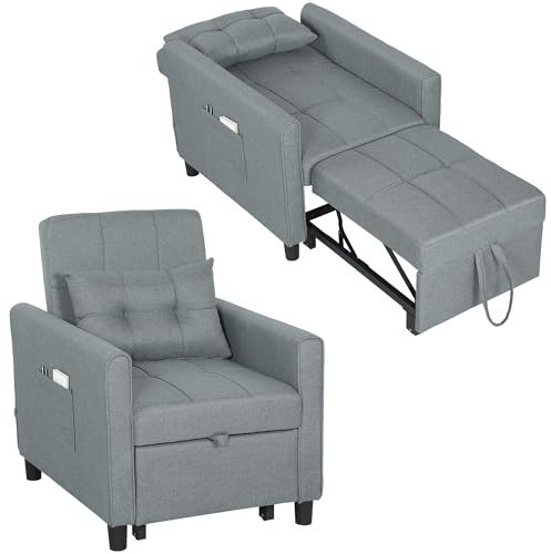HOMCOM Poltrona Letto Singolo 3 in 1 con Schienale Reclinabile su 3 Livelli, 2 Ruote, Cuscino, Divano Letto Singolo Pieghevole in Tessuto Effetto Lino e Legno, 69x82x85cm, Grigio Chiaro