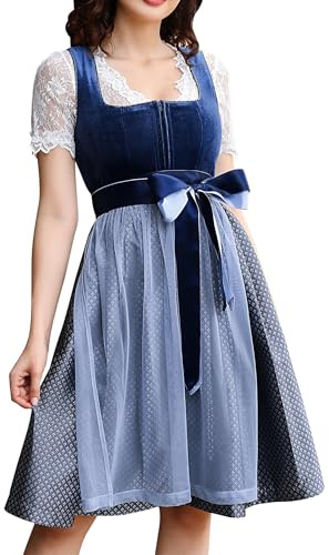 KOJOOIN Dirndl dam traditionell klänning kort set Dirndl-komplett set midi 3 delar för Oktoberfest inklusive klänning, blus, förkläde, Bluish Grey, 34