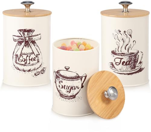 Juego de 3 botes de té, café y azúcar, color negro, 25 onzas, de metal, vintage, con tapa hermética de bambú y marcador de nombre, frasco redondo de almacenamiento de cocina, para té, café, azúcar