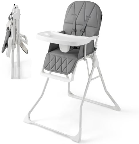 Maxmass Foldable Baby Highchair, Infant Dining Chair with 3-Position Adjustable Tray & Footrest, Removable Seat Cushion, 5-Point Safety Harness, Portable High Chair for Babies and Toddlers (Gray)