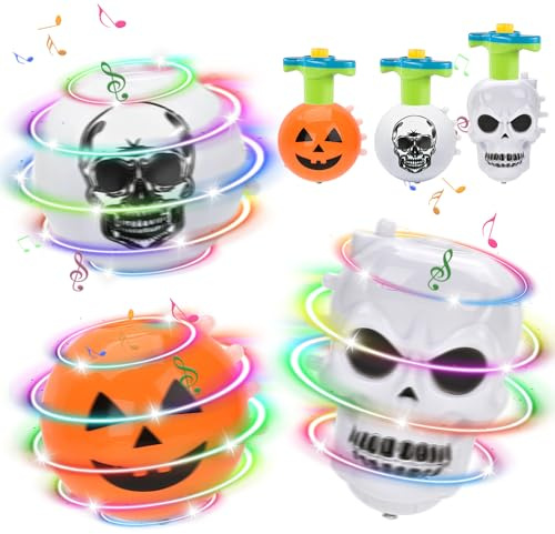 SOETDERT Giocattolo Girevole Halloween, Trottole Luminose Giocattolo Giroscopio con LED e Musica, Zucca Scheletro Giocattoli per Dolcetto o Scherzetto e Decorazioni Regalo Bambini per Feste Halloween