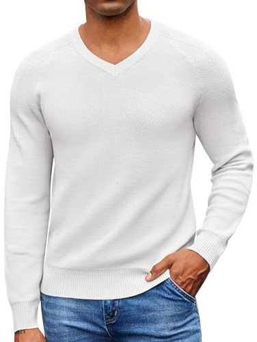 COOFANDY Pull à col en V et Manches Longues pour Homme en Maille Fine Basique Blanc M