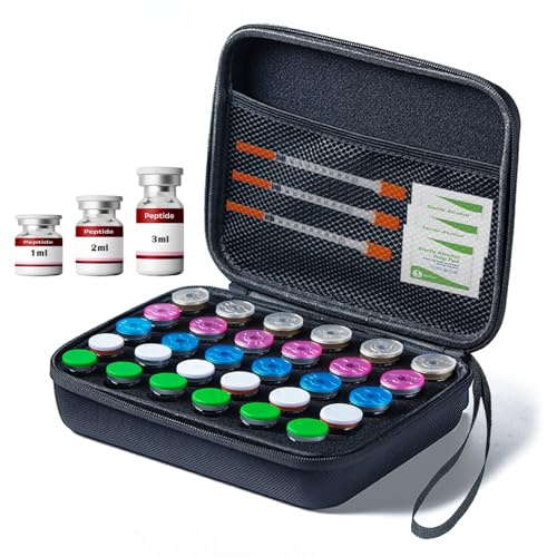 Mazentrix Peptide Vial Case for Fridge Storage - 30 Slots Organizer Holds 1-3ml Vials for Insulin, GLP-1, Peptides,Hard Shell Travel Case with Hand Strap,Black (Black-30 Slots)