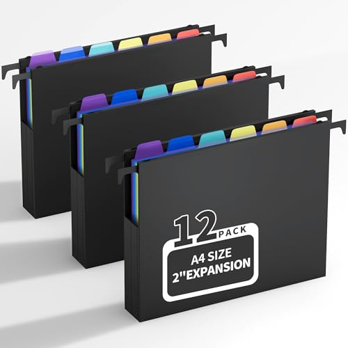 Uquelic A4 Hängeregister Mappen, 12 Stück (5 cm Erweiterung), große Kapazität Hängemappen mit bunten PP-Trennblättern und Reitern, Hängeordner für Schule, Zuhause, Büro, Organisation, Schwarz