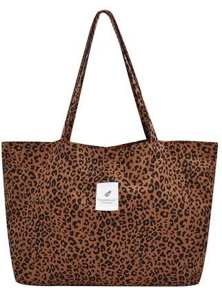TeeYee Women's Corduroy Tote Bag Large 3 Snaps Shopper Leopard Shoulder Bag Leisure Handbag leopardL
