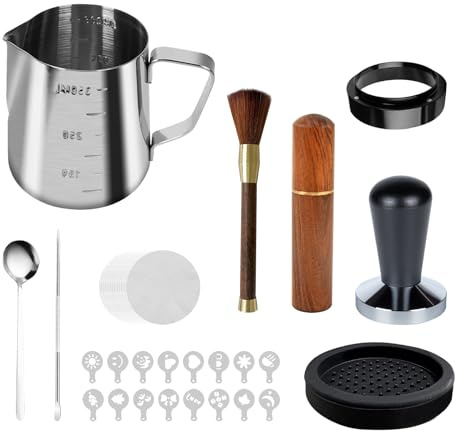 duisoad 25 Piezas Juego de Prensador de Café de 51 mm Barista Accesorios Estera para Tamper, Cuchara Agitadora, Herramienta WDT, Jarra de Espuma, Plantillas de Café, Lápiz para Arte Latte
