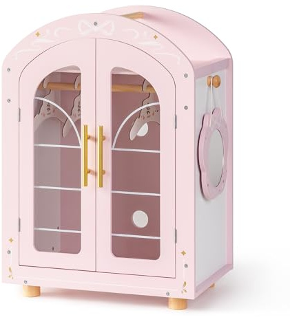 ROBUD Dockgarderob av trä med spegel, klädstång och hyllor, dockmöbler för dockor under 45 cm, docktillbehör för flickor från 3 år, rosa