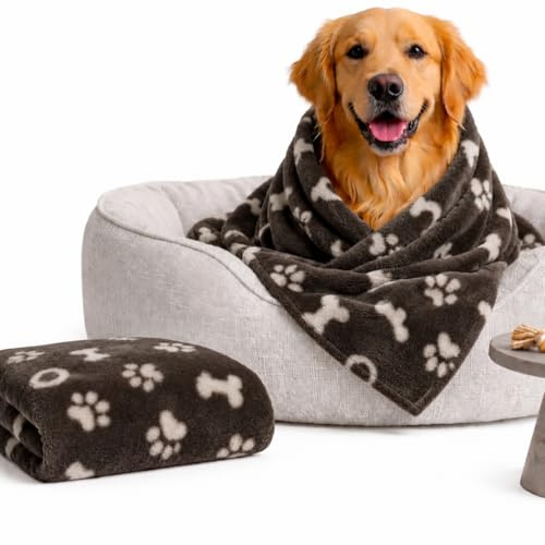 Octave® Dog Blanket Washable - 120 x 120 cm, Cat Blankets, Machine Washable Pet Blankets, Cute Bowl Bone Paw Print Soft Warm Blankets, Fleece Flannel Blanket For Dogs and Cats -Brown