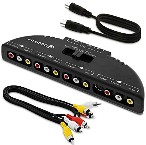 Fosmon 4-Wege Audio/Video RCA Switch Hub mit 4 Input-Anschlüssen Selector/Splitter Box/Umschalter Adapter & AV Patch Kabel für Microsoft Xbox 360, Playstation PS3, Gamecube, Wii, DVD, VCR