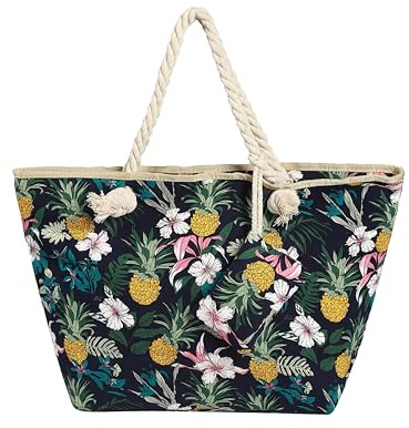 DonDon Strandtasche mit Reißverschluss, Große Strandtasche XXL, Shopper Tasche Damen - Praktische Beach bag Umhängetasche Damen Badetasche für Strand und Meer - Blumen und Ananas