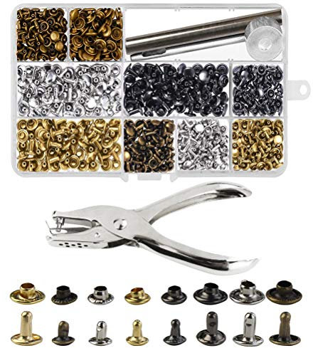 240 Set Rivetto in Pelle Doppio Testa Borchie Metalliche Tubolari Rivettate 2 Formati con Punch Pinze e 3 Pezzi Kit di Strumenti per Riparazioni Artigianali in Pelle
