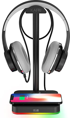 RGB Headphone Stand with Wireless Charger KAFRI Desk Gaming Headset Holder Hanger Rack with 10W/7.5W Fast Charge QI Wireless Charging Pad - Suitable for Gamer Desktop Table Game Earphone Accessories