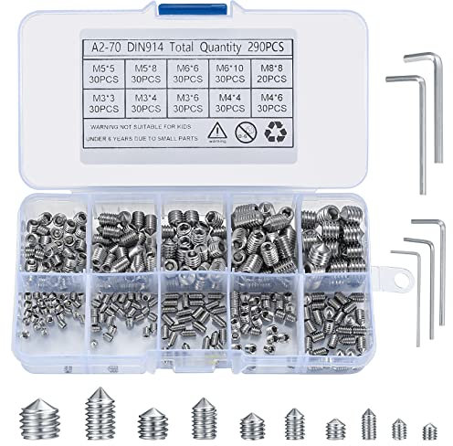 290 Pcs Cone Cup Point Grub Screws, M3/M4/M5/M6/M8 Hex Head Socket Screws Set Assorted, Mixed Stainless Steel Metric Threads with Internal Hex Drive for Door Handles, with 5 Pcs Allen Key