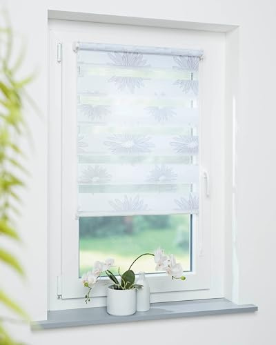 DECOLIA by Garesa Duo Rollo - Doppelrollo Klemmfix ohne Bohren 65 x 150 cm, Weiß/Grau Blüten Motiv - Fenster Sichtschutz und Lichtschutz, Mit Kettenzug