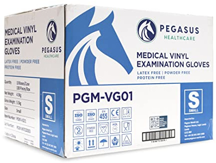 Pegasus Healthcare 10 Boxs Clear Disposable Vinyl Medical Examination Gloves AQL 1.5 Powder & Latex Free (1000 Gloves, SMALL)