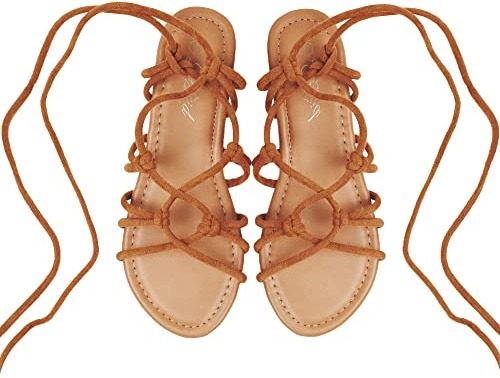 Heltid Women's Open Toe Lace Up Gladiator Flat Sandals, Strappy Sandals for Women Brown Size 10 M US