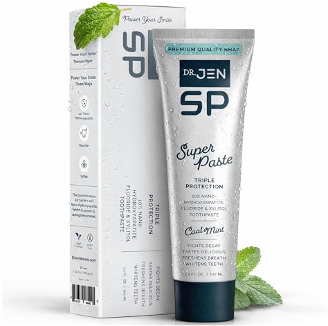 Dr. Jen Super Paste Toothpaste with 10% Premium Nano Hydroxyapatite, Fluoride, Xylitol & Glycerin for Daily Oral Care, Designed for Sensitive Teeth, Vegan, Travel Essentials, Cool Mint Flavor, 1 Pack