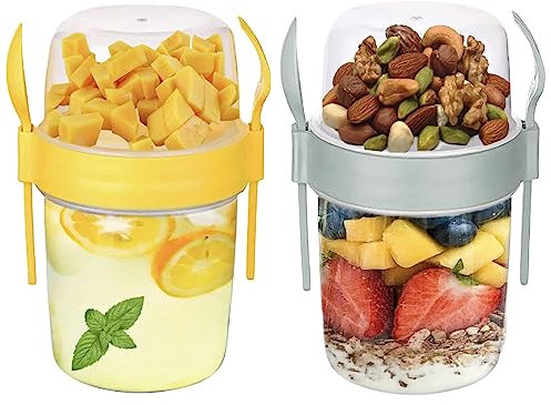 VL 2 PCs Yogurt Pots Reusable 800ml Yoghurt Container with Spoon & Fork BPA free Breakfast Pots to GO Muesli Cereal On the Go Dishwasher Safe Lunch Box Oatmeal Jars Set of 2 (Grey, Yellow)