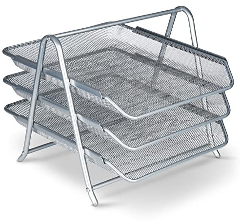 BONUS Dokumentenablage Metall Desk Organizer - Stabile Design Büro Schreibtisch Ablage mit 3 Ablagefächer für Briefablage - Schnelle Ordnung mit 3 Schubladen I Papier Ablagefächer A4 (Silber)