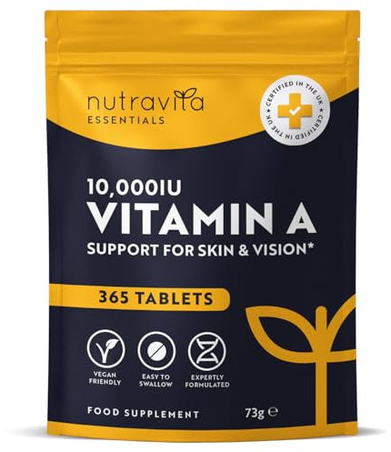 Vitamin A 10,000 IU – 365 Vitamin A Tablets (1 Year Supply) - High Strength Vitamin A Supplement for Normal Skin, Eyes & Immune System - Alternative to Vitamin A Capsules – Vegan Friendly - Nutravita