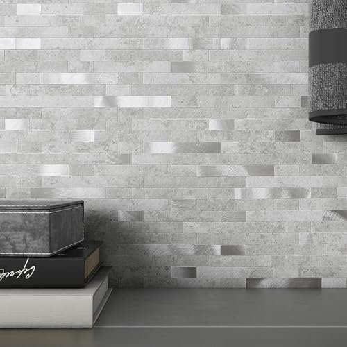 MOFIT - Piastrelle autoadesive 3D in mattoni di pietra, per cucina, piastrelle autoadesive da parete, piastrelle a mosaico lineari in marmo per bagno, camino, vanità (grigio cemento, 10 fogli)