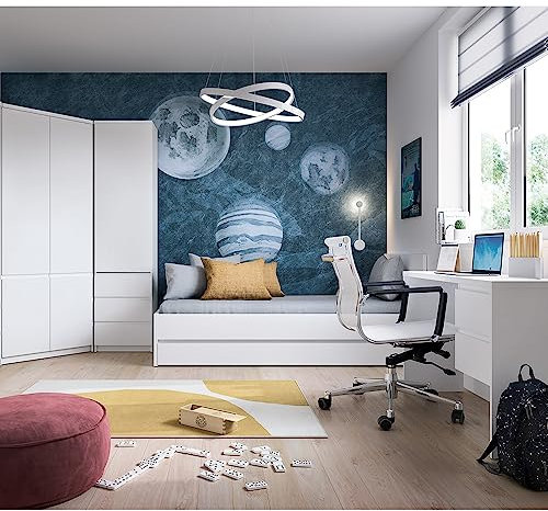 Lomadox Jugendzimmer Komplett Set mit Bett 90x200, Schreibtisch, Eckkleiderschrank, Schrank, Bettschublade in weiß modern