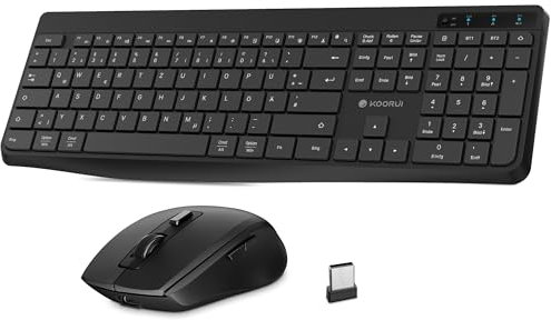 KOORUI Tastatur und Maus Kabellos, Wiederaufladbar Leise Maus Tastatur Set Deutsches Layout QWERTZ mit 12 Funktionstasten 2.4 GHz Tastatur Maus Set für Windows, MacOS, Linux -Schwarz