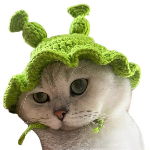 KABELIF Katzen Mütze Niedliche Tiermütze Hund Hut Handgestrickte Mützen Haustiere Kostümzubehör Für Kleine Welpen Party Halloween Weihnachtskostüm (Grün, M)