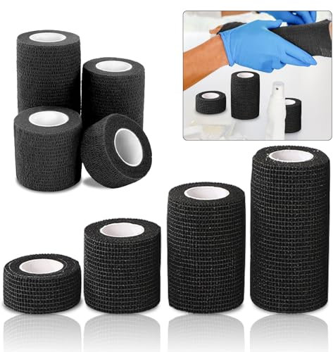 12 Rollen Schwarz Selbstklebender Verband, 2,5cm x 4,5m/5,0cm x 4,5m/7,5cm x 4,5m/10cm x 4,5m Haftbandage Verband, Bandagen für Haustiere, Hundebandagen für die Erste Hilfe bei Sportverletzungen