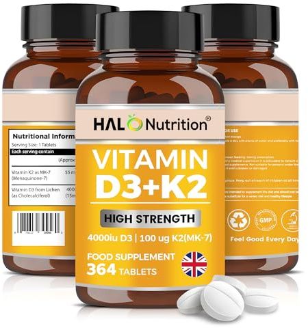 Vitamin D3 4000 iu & Vitamin K2 MK7 100μg - 1 Year Supply, 365 Easy-Swallow Vitamin D3 K2 Tablets, 1-A-Day High Strength Vegetarian D3 and K2 Vitamin Supplements, Vitamin D Tablets by Halo Nutrition