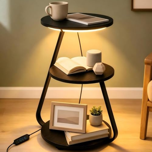 ARTETHYS Side Table, Small Round Coffee Table, Black | 3 Color LED Lights, Bedside Sofa Side Tables for Living Room, 3 Tier Storage Shelves, End Tables with Adjustable Feet