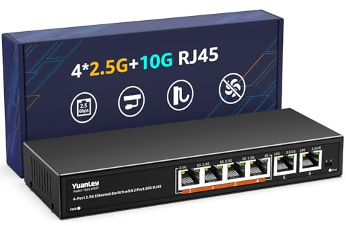 Switch Ethernet 10G Non Géré à 6 Ports, 4 Ports Base-T 2,5G, 2 Ports RJ45 10Gb, Compatible 100/1000/2500Mbps, Boîtier Métallique, VLAN, Commutateur Réseau YuanLey 2.5Gbe pour NAS 2.5G/10G