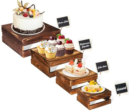 Hanured® 4 pezzi Alzate da buffet con mini cartellini, Alzatine per torte in legno rustico con fondo cavo, per matrimoni e feste di compleanno